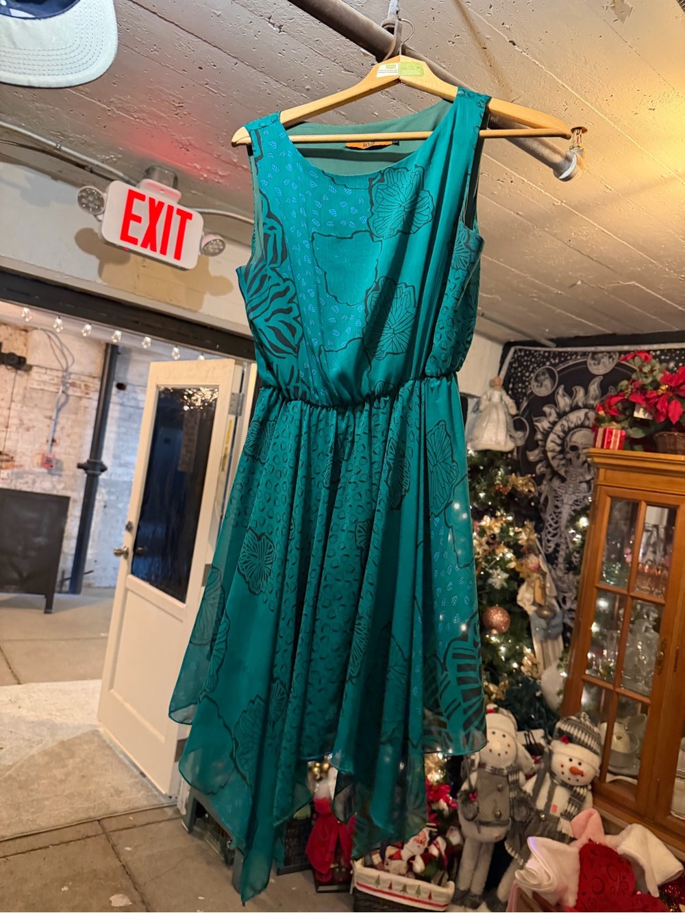 Sleeveless Teal Floral Handkerchief Hem Mini Dress